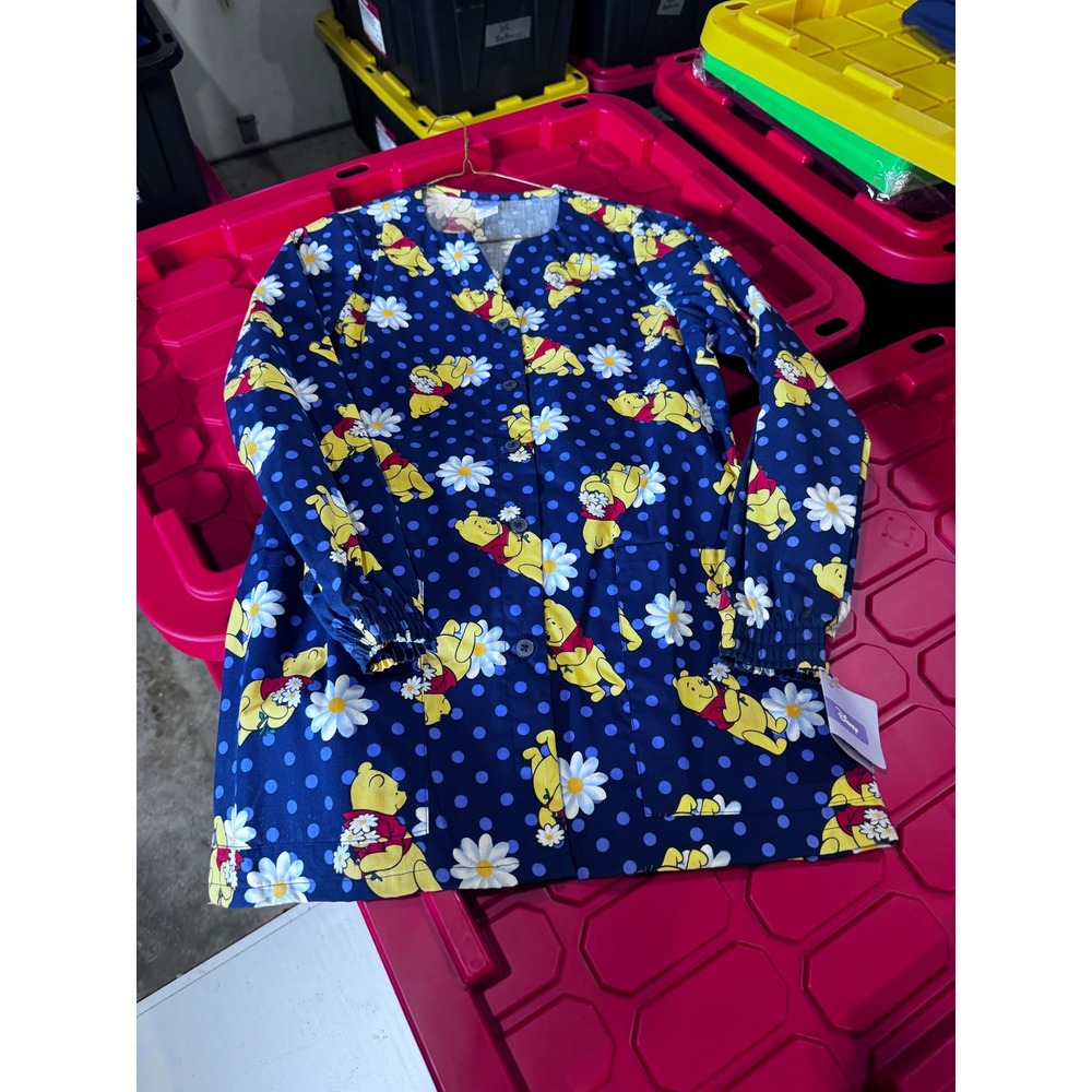 Disney Winnie the Pooh Scrub Jacket Navy Polka Dot Daisy Button Front XS D4535